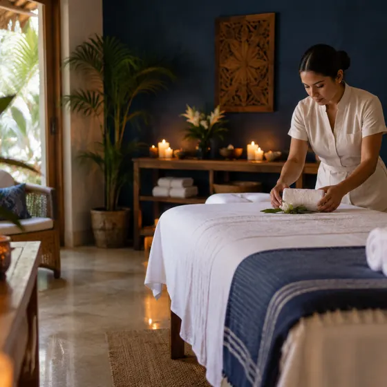 Terapeuta preparando una cabina de masaje